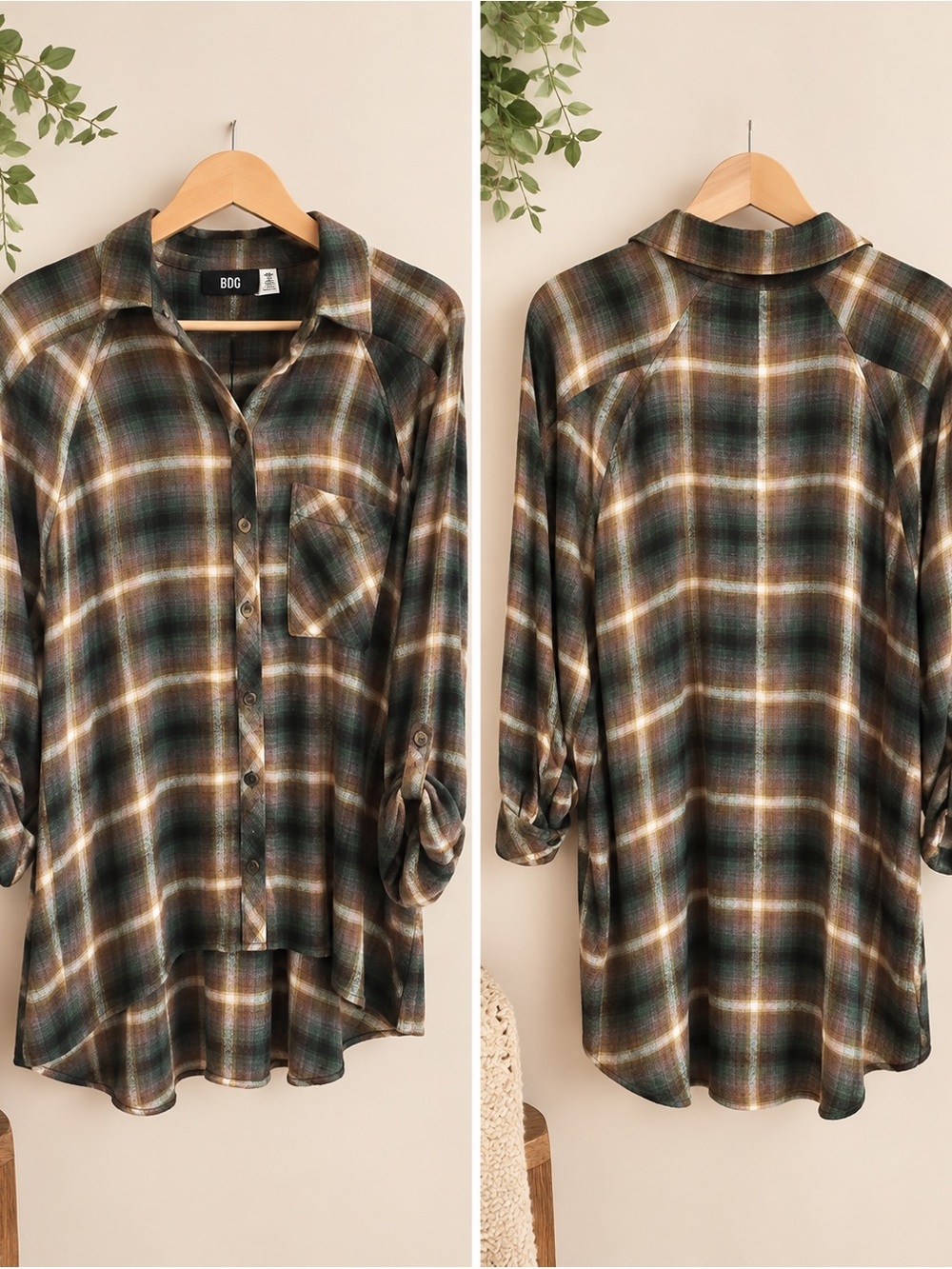 BDG Plaid Button-Down Shirt in Green, Brown & Cream